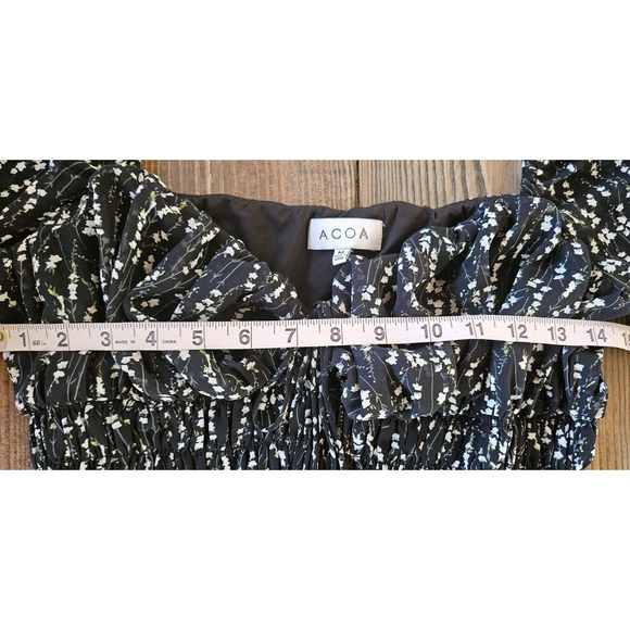 ACOA Womens Mini Dress Medium Black White Floral Smocked Long Sleeve Ruffle Boho - Picture 10 of 12